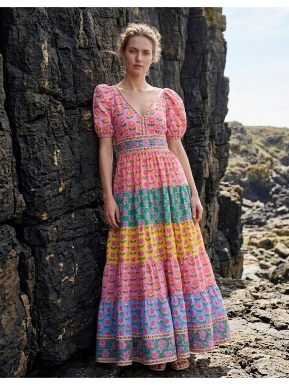 NWT PINK CITY PRINTS Zizi in Rainbow Mix Floral Cotton Maxi Dress S